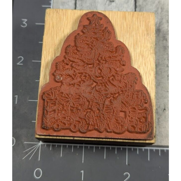 Christmas Tree Gifts Presents Toys Rubber Stamp Wood #i85 - Picture 2 of 3
